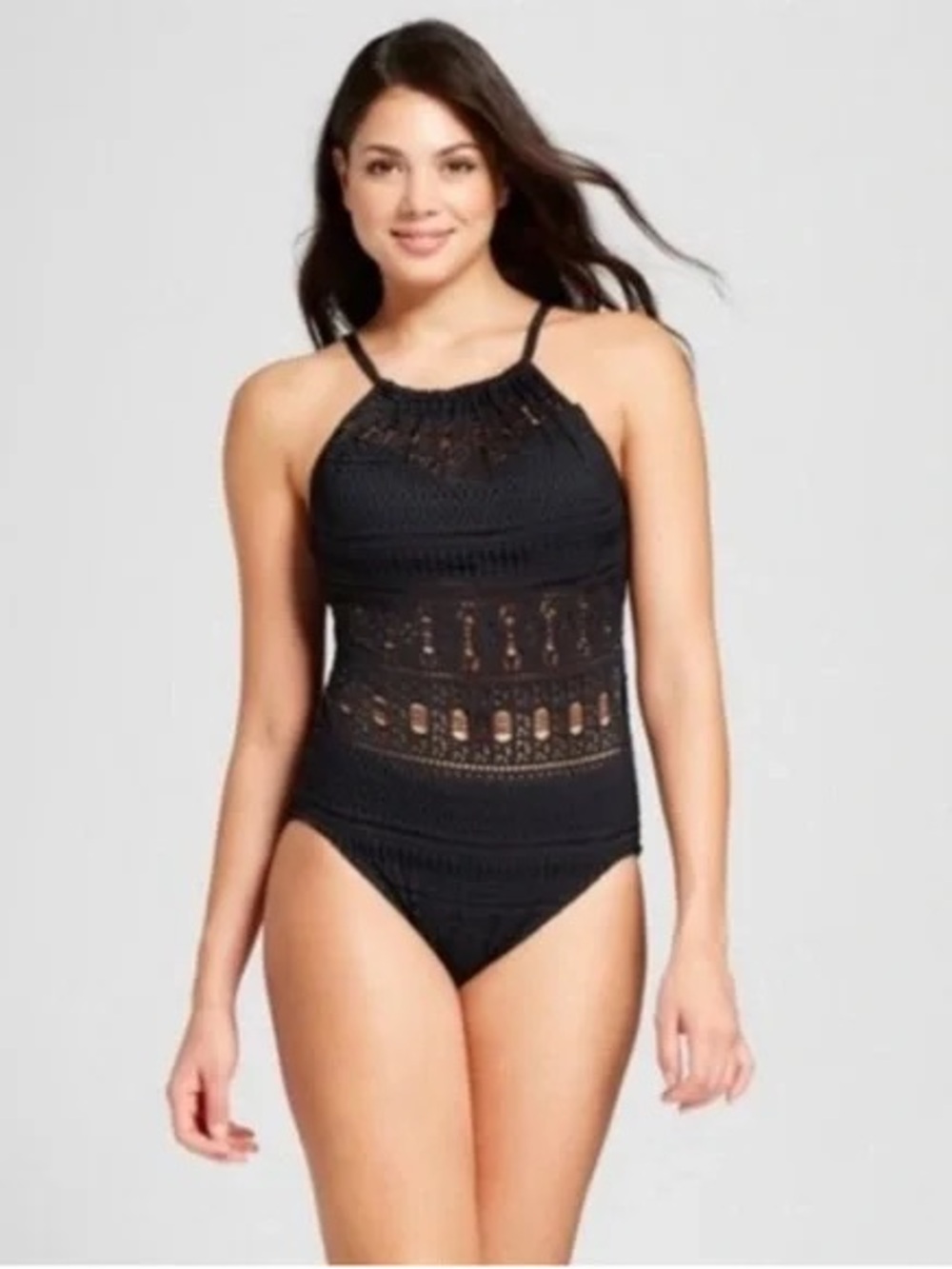 Aqua Green Medium Black Crochet Halter One-Piece Swimsuit